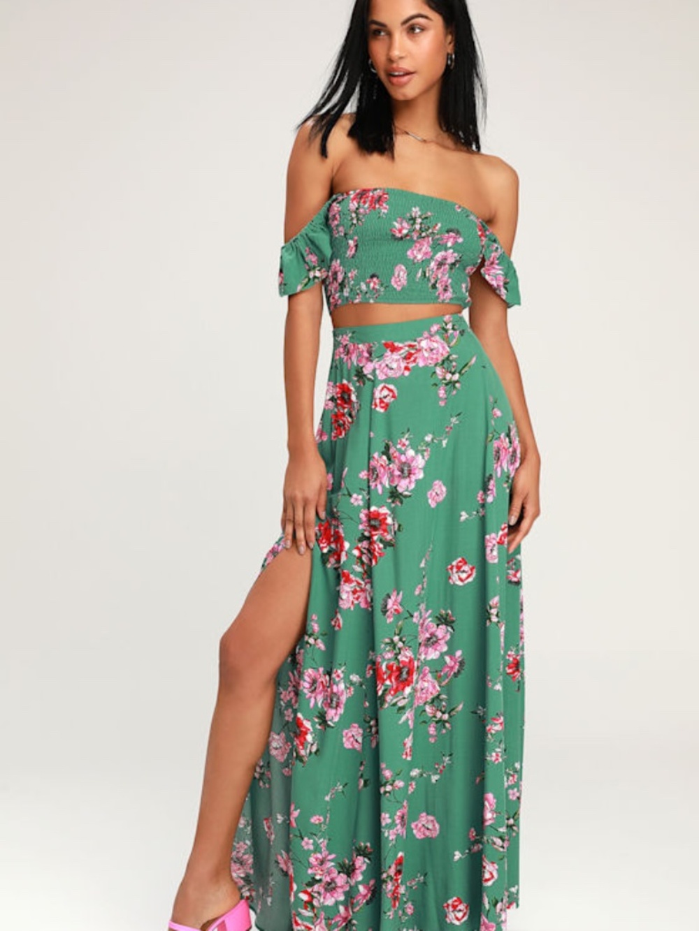 Lulus Away On Vacay Green Floral Print Two-piece Maxi Dress - Size S